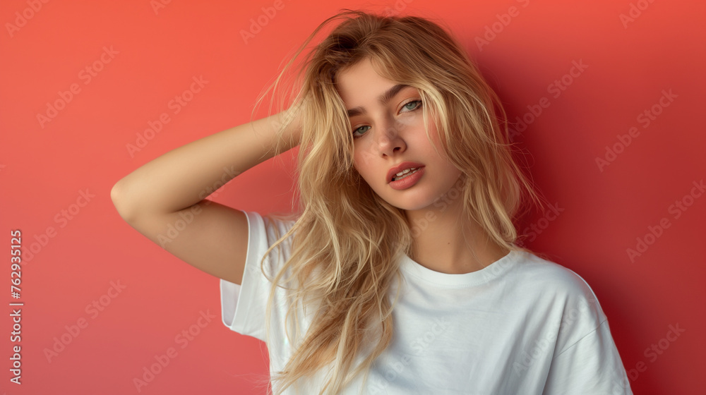 Portrait of beautiful young blonde woman in white t-shirt holding hand on forehead and looking away isolated on Coral color background professional photography