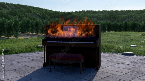 burning piano with nature background