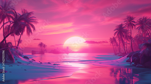 Retrowave Scape with Sunset and Palm Silhouettes. © vlntn