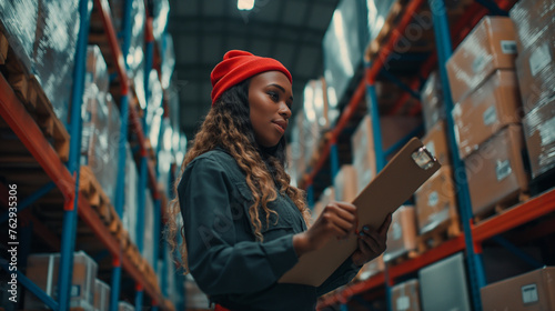 Portrait of confident female staff writing on clipboard in warehouse. This is a freight transportation and distribution warehouse. Industrial and industrial workers concept on Coral color background
