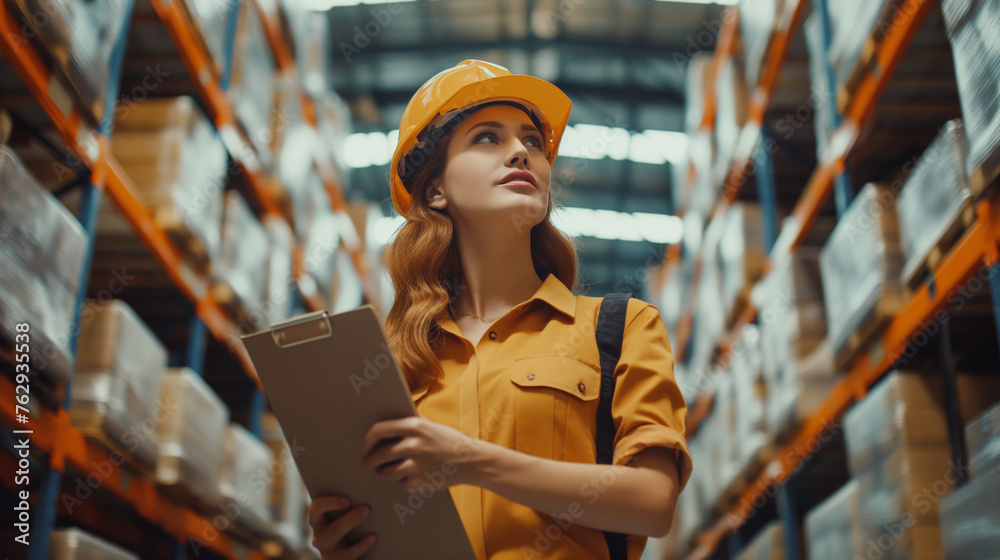 Portrait of female warehouse worker holding clipboard in warehouse. This is a freight transportation and distribution warehouse. Industrial and industrial workers concept on yellow color background Portrait of female warehouse worker holding clipboard in warehouse. This is a freight transportation and distribution warehouse. Industrial and industrial workers concept on yellow color background