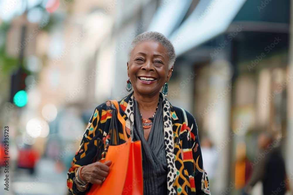 Fototapeta premium Middle aged senior black woman portrait against city street blurred background, happy smiling active African American elderly lady in vivid clothes walking doing shopping, AI generative