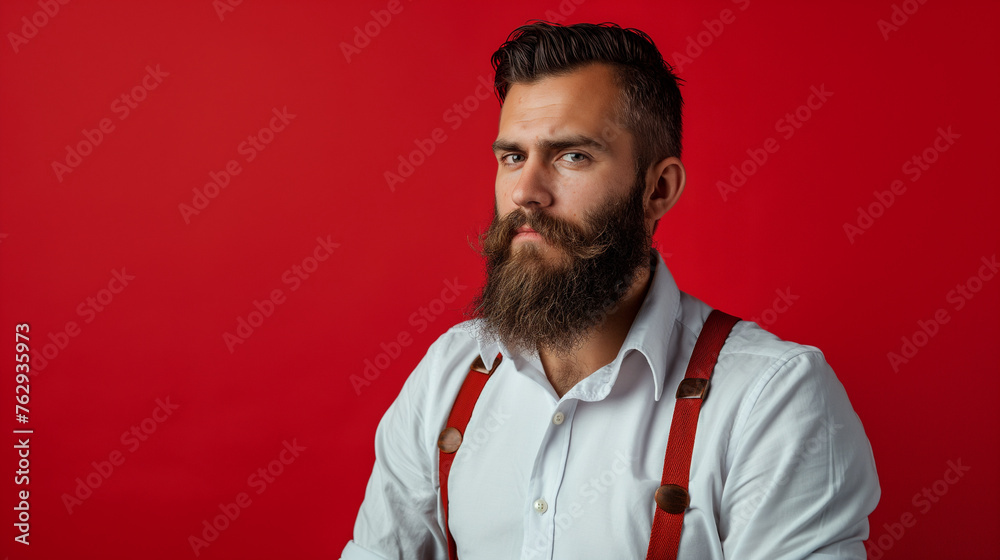 Portrait of handsome bearded man in white shirt and suspenders. on red color background professional photography Portrait of handsome bearded man in white shirt and suspenders. on red color background professional photography