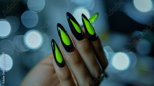 Green and Black Nails with a Glossy Finish.