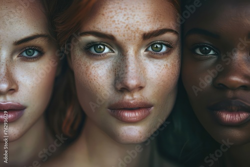 Close-up portrait of three multiracial beautiful young women