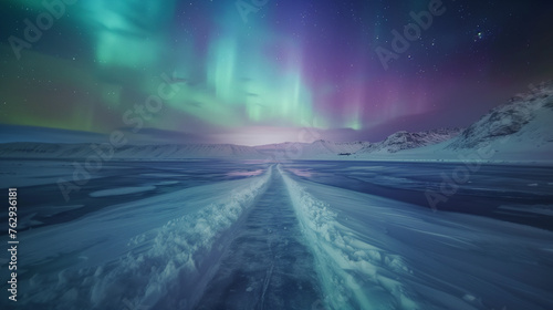 Northern Lights Over a Frozen Pathway.