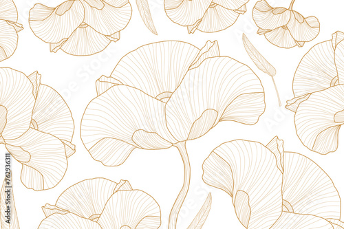 Golden tropical leaf line art wallpaper background vector. Natural monstera and banana leaves pattern design in minimalist linear. 