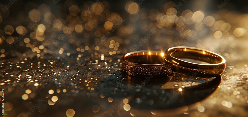 Luxurious theme wedding rings with bokeh background, close-up. Luxurious theme wedding rings with bokeh background, close-up.