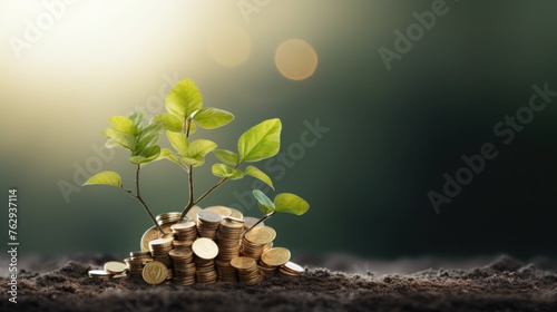 Plant growing out of coins. ESG investment.