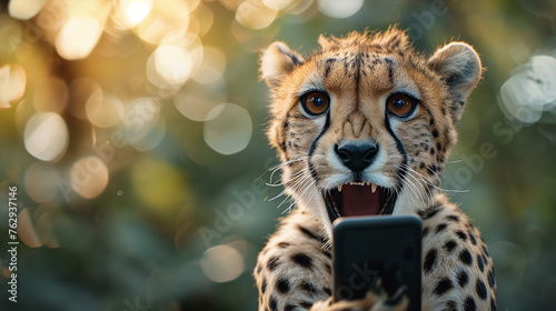 Surprised cheetah holding a smartphone with a comical expression.