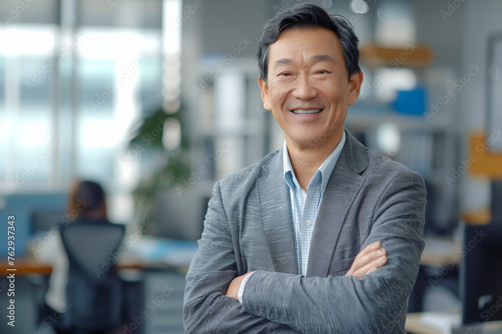 Business man portrait. Asian, middle age, handsome, happy man wearing suit standing in modern office. Smiling male manager looking at camera in workplace meeting area. Business man portrait. Asian, middle age, handsome, happy man wearing suit standing in modern office. Smiling male manager looking at camera in workplace meeting area.