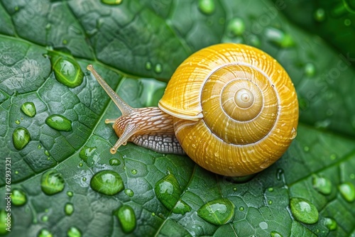 Close-up of a snail on a green leaf with water droplets, selective focus. The snail has a shiny, yellow shell and is crawling on the leaf, leaving a trail of slime behind it. photo