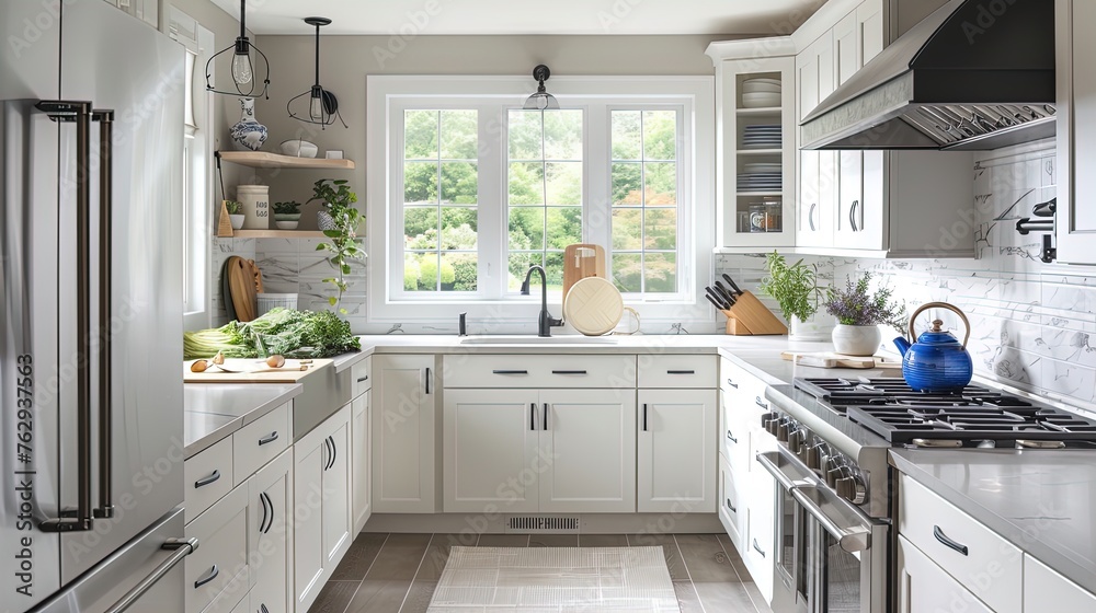 Bright and modern kitchen with gleaming surfaces and a pop of sunny yellow. Bright and modern kitchen with gleaming surfaces and a pop of sunny yellow.