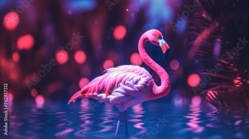 Fantasy vaporwave portrait of retrowave flamingo. Pink and blue colors. © vlntn