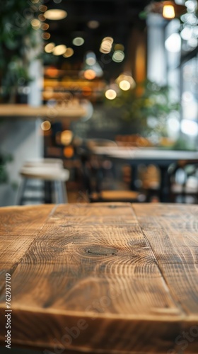 Empty wooden table and Coffee shop with blur background