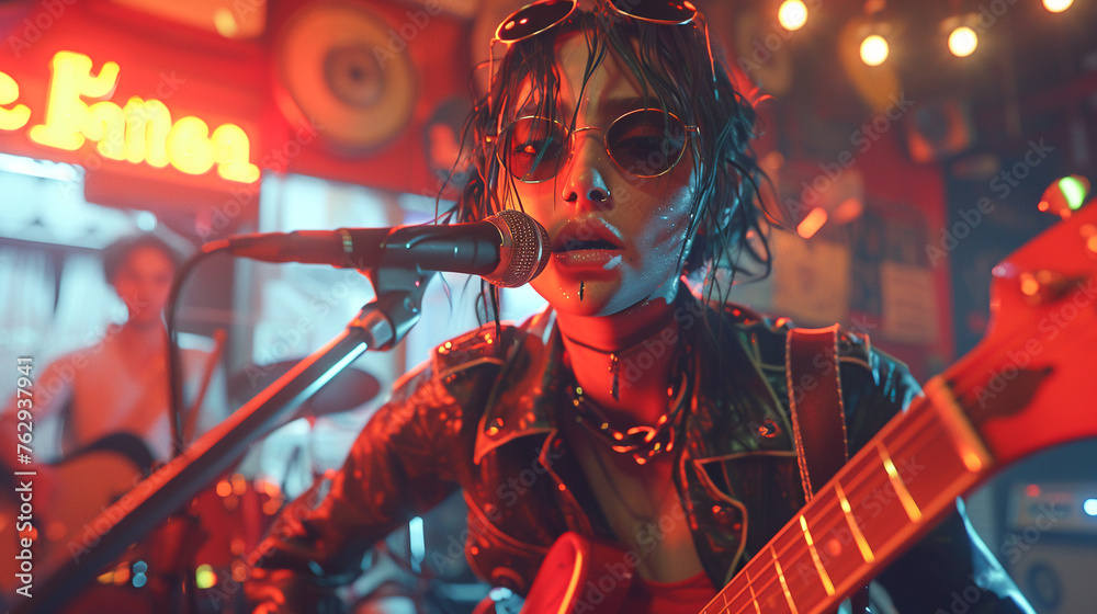 Animated punk rock band performing in a 3D underground club - obrazy, fototapety, plakaty 