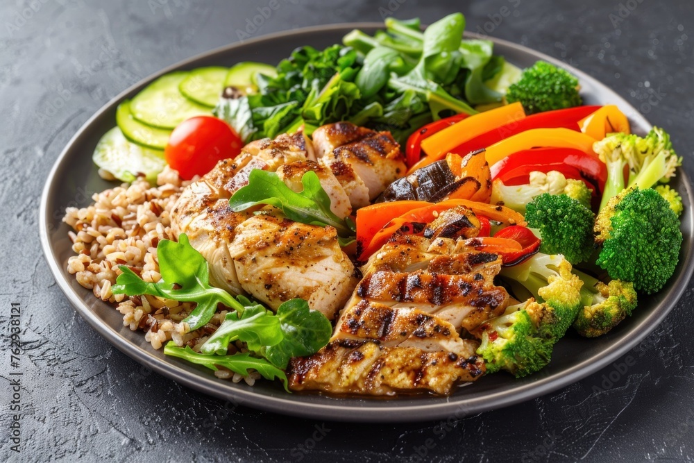 Succulent Grilled Chicken Breast with Nutritious Brown Rice, Freshly Grilled Vegetables, and Flavorful Seasonings - A Wholesome and Delicious Meal for Optimal Health and Wellness
