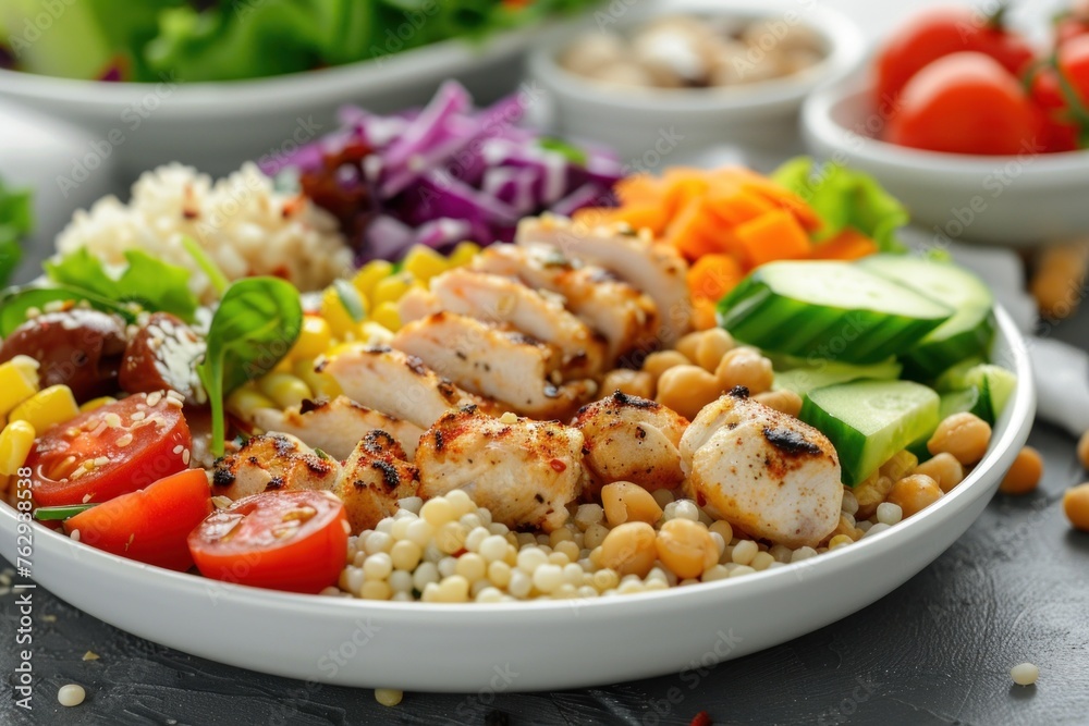 Satisfying and Colorful Grilled Chicken and Quinoa Salad Bowl with Fresh Avocado, Roasted Sweet Potatoes, and Tangy Balsamic Vinaigrette for a Wholesome and Delicious Lunch Option Satisfying and Colorful Grilled Chicken and Quinoa Salad Bowl with Fresh Avocado, Roasted Sweet Potatoes, and Tangy Balsamic Vinaigrette for a Wholesome and Delicious Lunch Option
