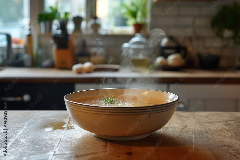 Rustic bowl of homemade chicken noodle soup with fresh herbs on a wooden table in a cozy home kitchen. Comfort food and healthy eating concept. Steam rising from the bowl. Rustic bowl of homemade chicken noodle soup with fresh herbs on a wooden table in a cozy home kitchen. Comfort food and healthy eating concept. Steam rising from the bowl.