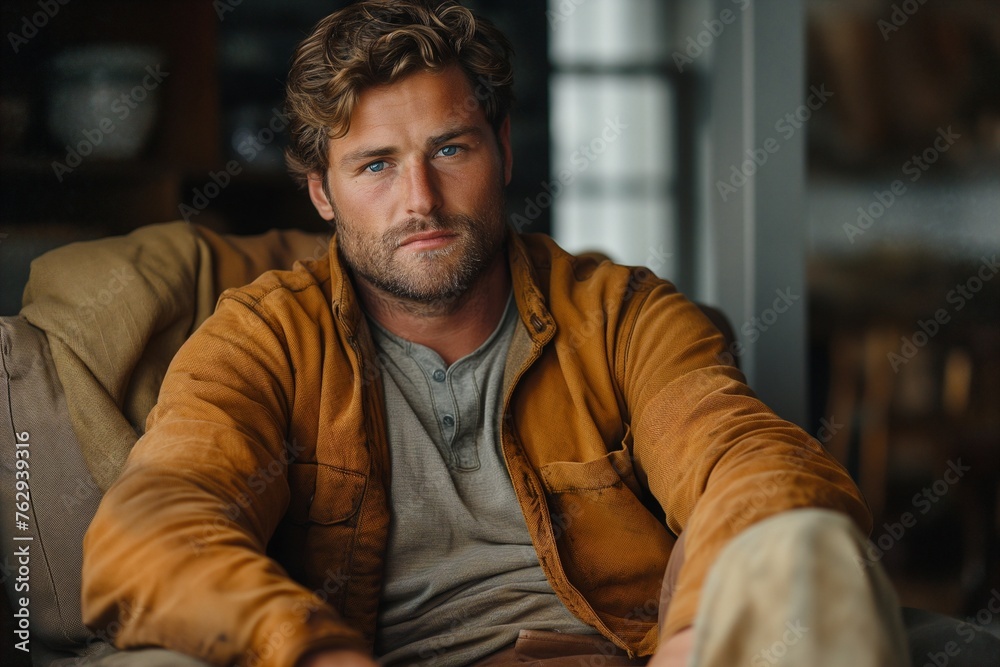 Confident handsome man sitting on chair looking at camera. Confident handsome man sitting on chair looking at camera.