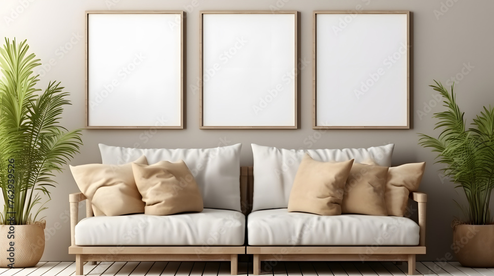 Poster frame mock-up in home interior background, living room in beige and brown colors Poster frame mock-up in home interior background, living room in beige and brown colors