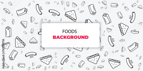 seamless food pattern with modern icon black white. food, pizza, burgers, drinks, sauces and sandwiches, vector background