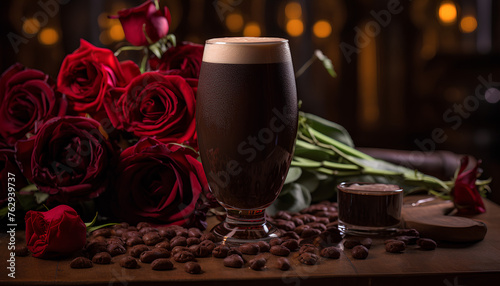 Chilled dark beer in a glass with flowers and roses in background