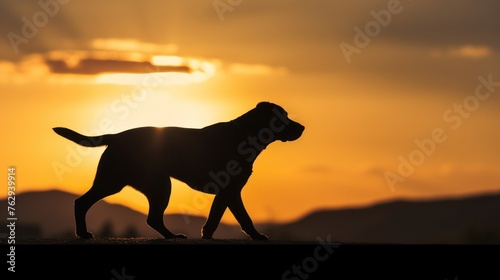 Silhouette of dog on sunset sky. © vlntn