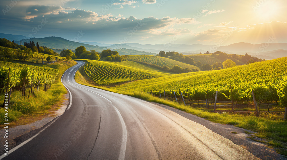 Naklejka premium Road through golden vineyards.