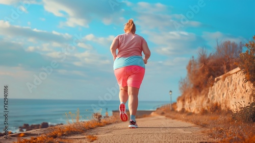 An overweight woman running on the path by the sea, low angle shot from behind. Weight loss concept.