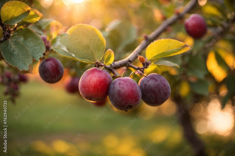 Ripe plums on tree branches ready to harvest at sunset. agriculture, farming and harvesting concept Ripe plums on tree branches ready to harvest at sunset. agriculture, farming and harvesting concept