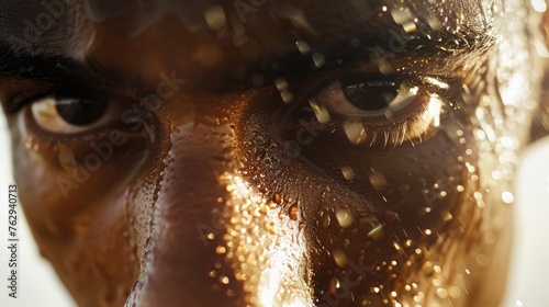A closeup of a runners glistening face showcasing their dedication and perseverance.