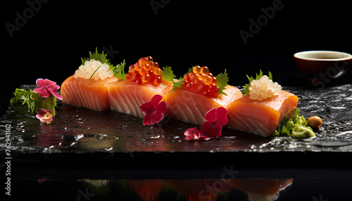 Michelin starred salmon steak with premium topping and decoration at five-star restaurant, food photography