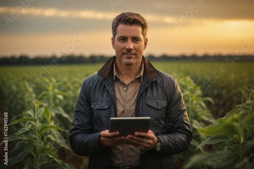 male agronomist using digital tablet in soybean field
