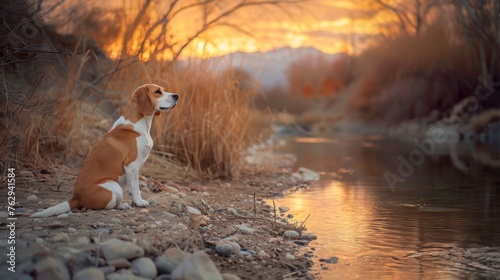 Contemplative Dog by River at Sunset