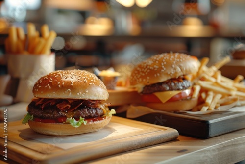 Cheeseburger and Fries on Rustic Wooden Table  Perfectly Balanced Juicy Beef Patty  Gooey Melted Cheese  Fresh Lettuce  Flavorful Tangy Sauce  Unforgettable Culinary Experience