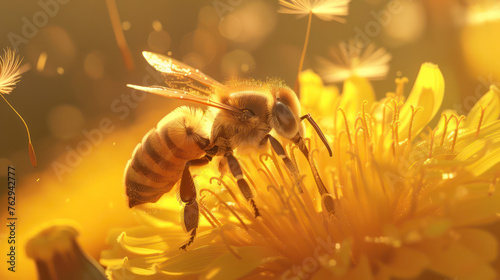 Buzzing Beauty: Bee Alighting on Sunflower