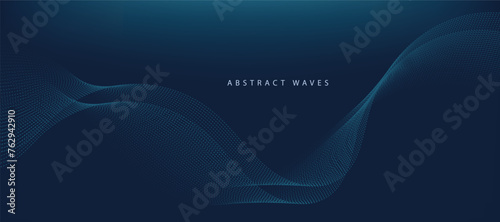 Blue background with flowing wave lines. Futuristic technology concept. Vector illustration 