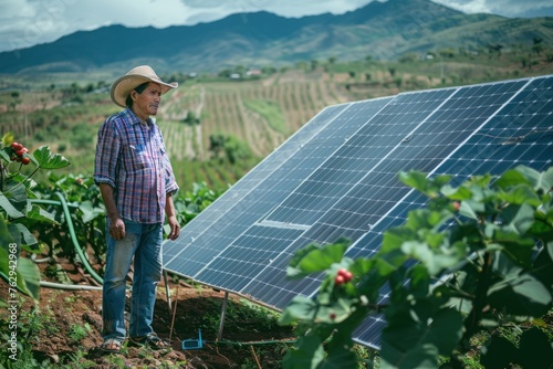 Hispanic man standing next to a solar panel in a lush green field of Avocado trees with the sun shining brightly, demonstrating sustainable agricultural practices in a developing country