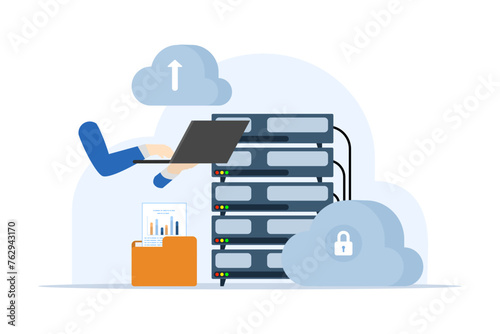 concept of cloud computing, data center, file management, cloud storage, web hosting service. Database for documents and files. Upload and download data, file management. Data transfer, backup. photo