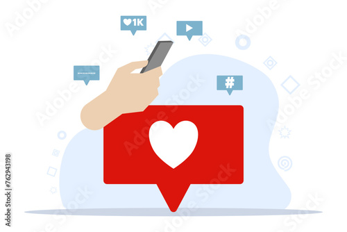 Digital marketing concept. Increasing your social media followers with successful marketing strategies, people liking and reacting to social media profiles, flat vector illustration.