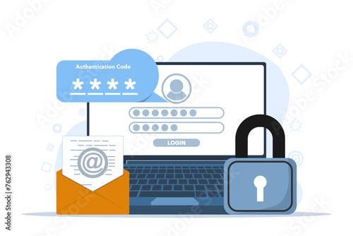 2 step authentication concept. secure login, password verification or sms with push code message on smart phone or desktop pc computer for site, flat vector illustration on background.