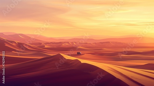 The sun dips below the horizon  casting a warm golden glow over the smooth  windswept sand dunes of a vast and majestic desert landscape. The sun sets over a vast desert. Resplendent.