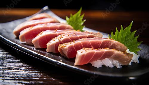 Tuna sashimi and nigiri, famous Japanese sushi, raw fish Asian food from Japan, food photography