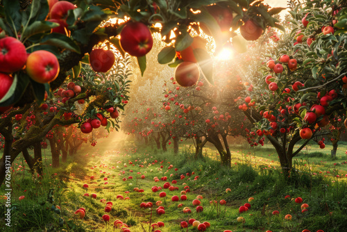 Sunlit apple orchard evokes a warm, bountiful harvest morning. Generated AI.