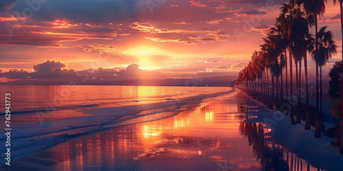 Tropical beach sunset with a dramatic sky and reflection. Generated AI.