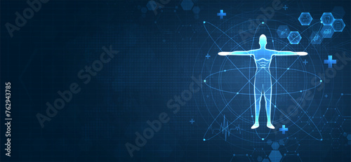 Health care medical and hologram with body. icon digital technology world concept modern business. innovation, treatment, medicine. abstract about hi tech future blue background and medical research.