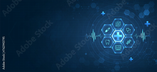 Health care medical science with icon digital technology world concept modern business. innovation, treatment, medicine. abstract about hi tech future blue background and medical research. vector.