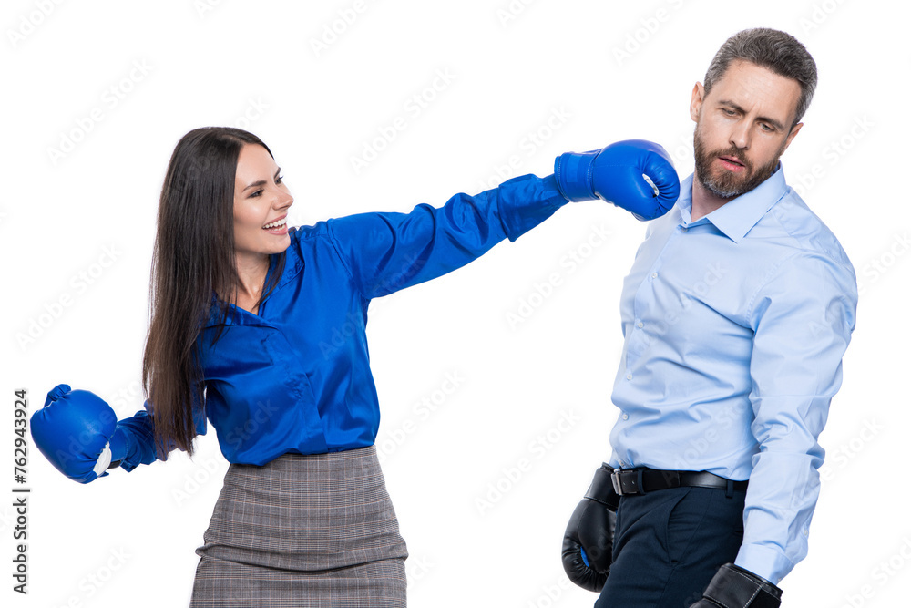 business fight. business partners fighting in gloves isolated on white. anger management. business fight with two businesspeople. businesspeople fight against each other. situations and disputes