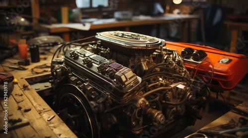 Car Engine on Wooden Table photo